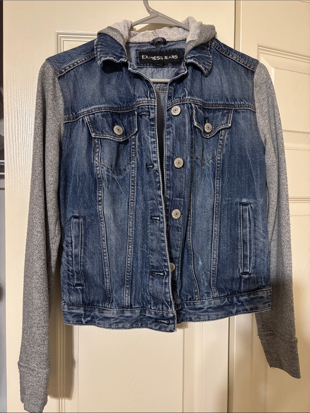 Express Blue Denim Jacket with Gray Hooded Sleeves